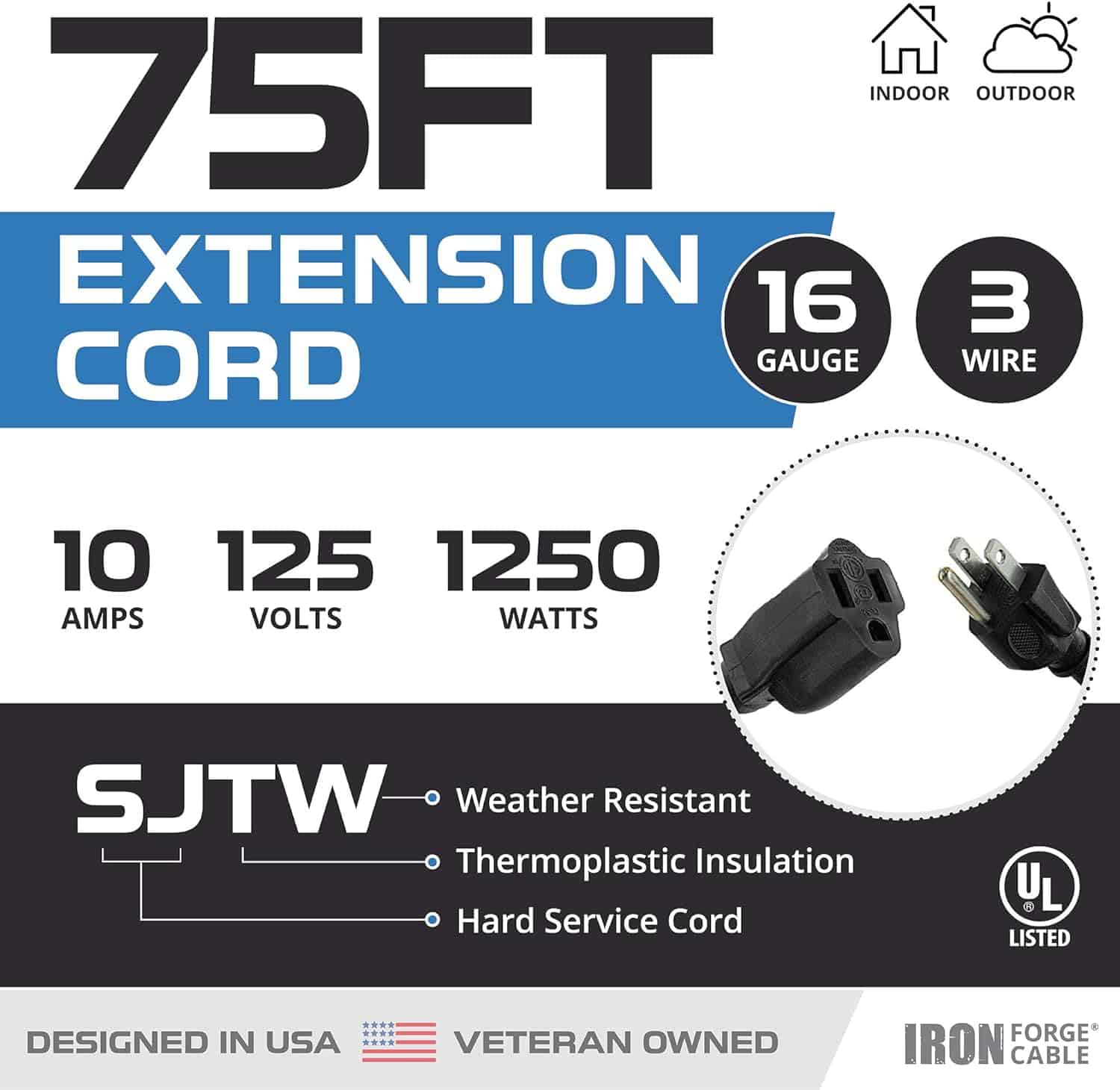 Iron Forge Cable 75 Ft Outdoor Extension Cord 16 3 Black 75 Foot Extension Cord Indoor Outdoor Use 3 Prong Weatherproof Exterior Extension Cord Gr 2
