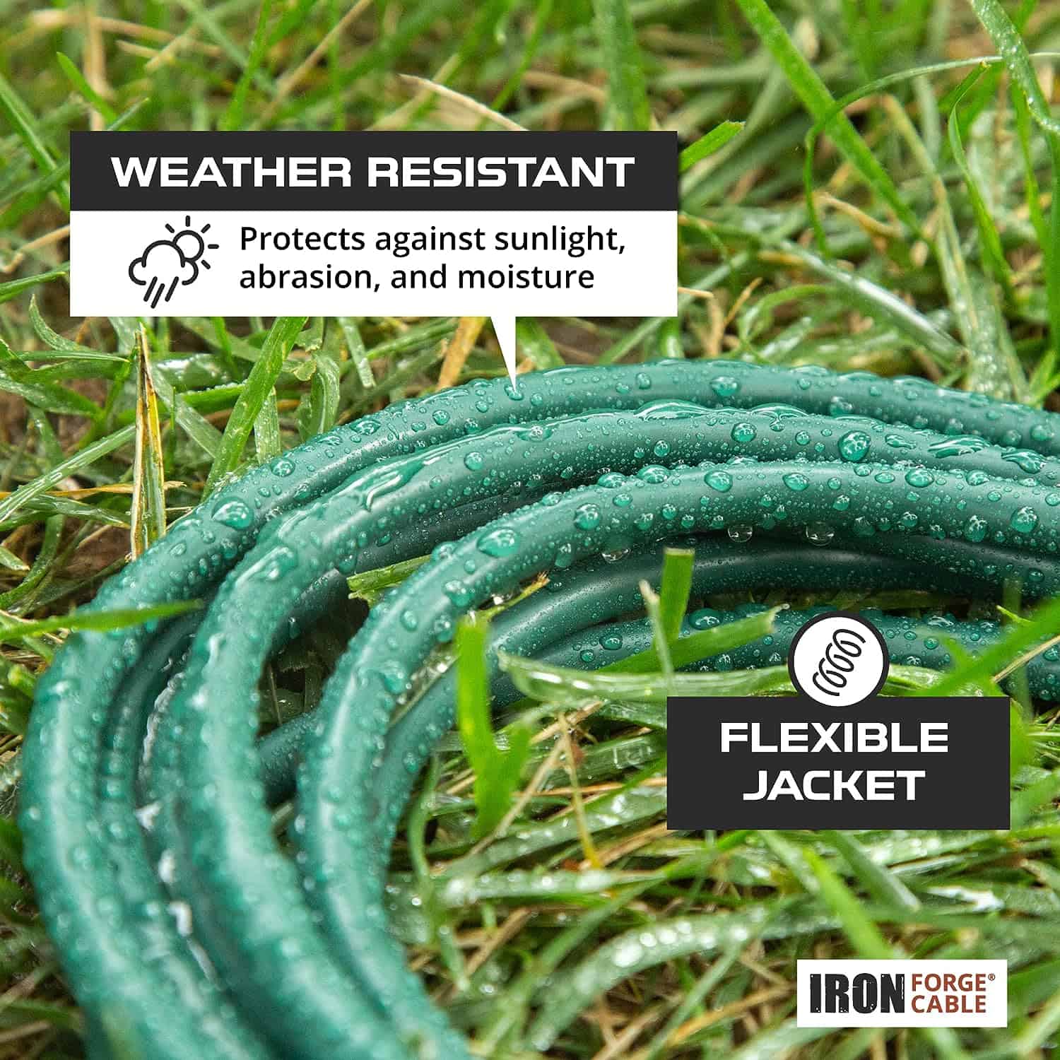 Iron Forge Cable Green Outdoor Extension Cord 100 FT – 16 3 SJTW Weatherproof Long Extension Cord for Outside with 3 Prong – 16 Gauge 100 ft Outdoor Extension Cord Weatherproof Halloween 4