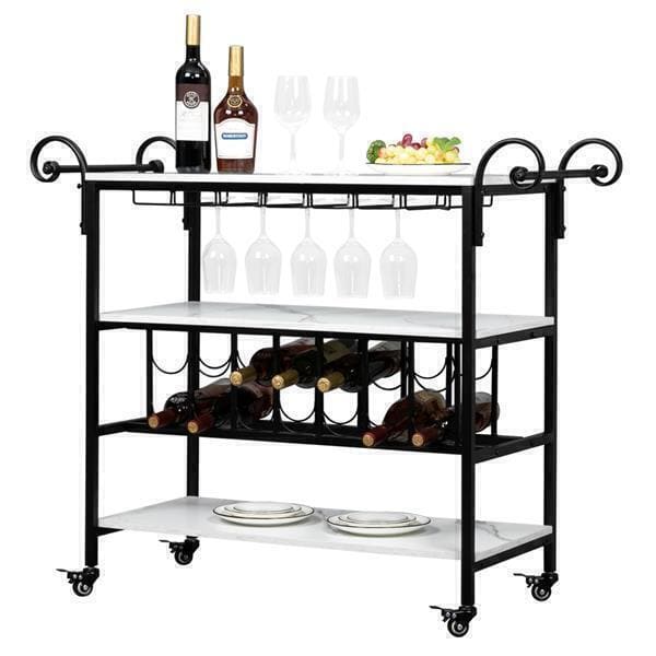HODELY Three-Layer Wine Bottle Layer Marble Movable Iron Wine Cart with three shelves, featuring wine glasses, two wine bottles, some fruit, and plates, mounted on wheels.