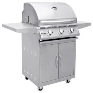 26inch Stainless Steel Portable Gas BBQ Grill on Cart LP or NG with four burners, a side shelf, and a closed lower cabinet on wheels.