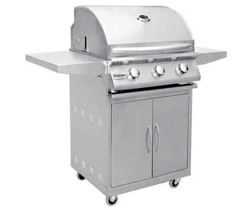 26inch Stainless Steel Portable Gas BBQ Grill on Cart LP or NG with four burners, a side shelf, and a closed lower cabinet on wheels.
