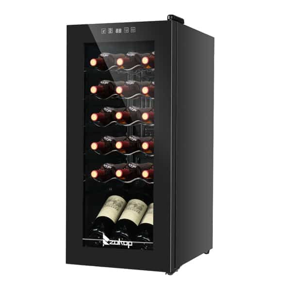 A Bye ZOKOP 115V /60Hz 18-bottle wine cooler filled with multiple bottles of wine, featuring a digital display at the top.