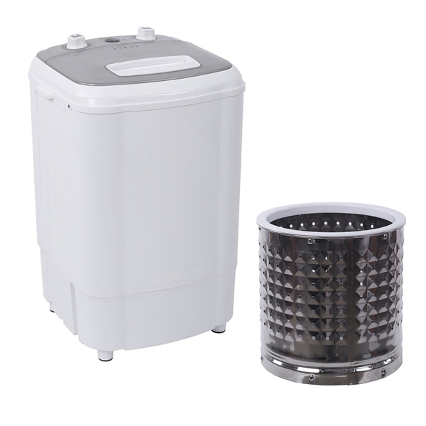 A white Zokop 10lb Elution Integrated Semi-automatic Gray Washing Machine next to a black cylindrical clothes basket on a white background.