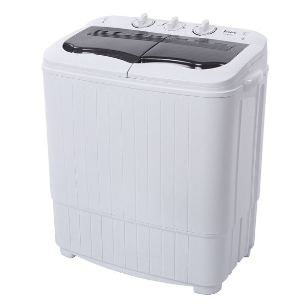 A Zokop 14.3(7.7 6.6)lbs Semi-automatic Gray Cover Washing Machine with a top-loading design and dual control knobs on a black panel, featuring a semi-automatic washing system.