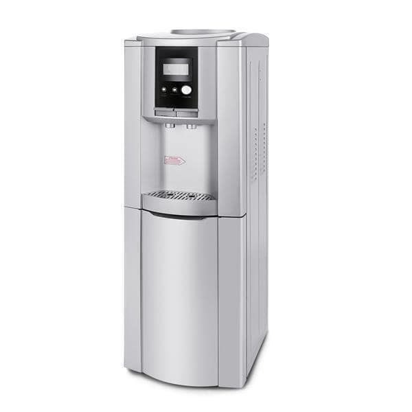 Electric Hot Cold Water Cooler Dispenser Loading 5 Gallon water dispenser with cold, hot, and room temperature options, featuring a digital display and silver casing. This 5-gallon water cooler accommodates large containers for convenient use.