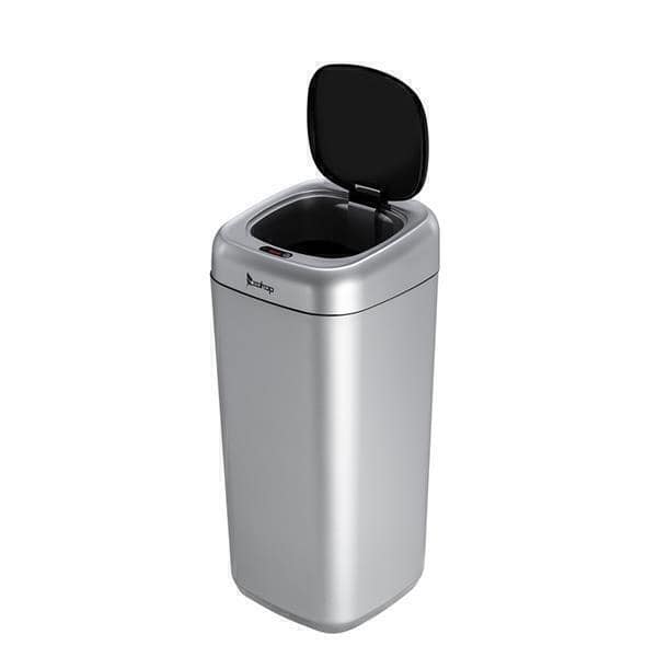 A modern Zokop 35L Smart Motion Sensor Automatic trash can with an open black lid, featuring a slim, rectangular design.