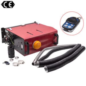 A 5000W Air diesel Heater LCD Remote For Lorry MotorHomes Campervan with accompanying parts including hoses, clamps, and a remote control, suitable for motorhomes and displayed on a white background.