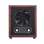 Portable space heater with a dark wooden exterior, featuring front-facing controls and a protective mesh grille, and equipped with a ZOKOP 3500 Sq Ozone Air Purifier 26W replaceable ceramic covering.