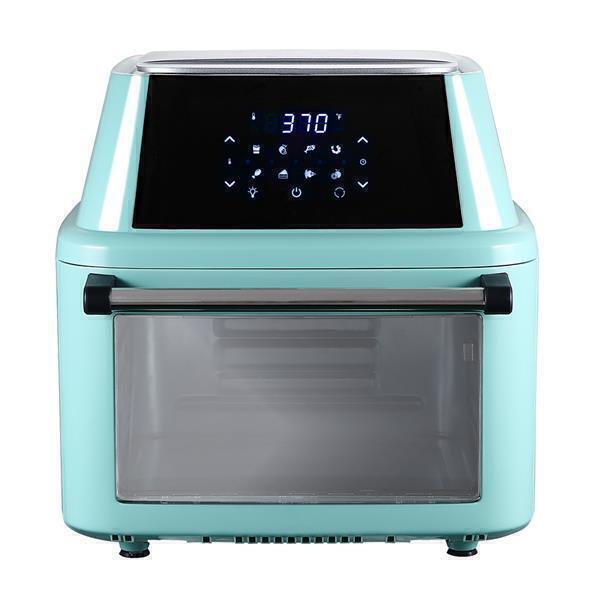 A turquoise ZOKOP 120V 16 L Air Fryer 1800W Mint Green oven with a digital display showing the temperature on a white background.