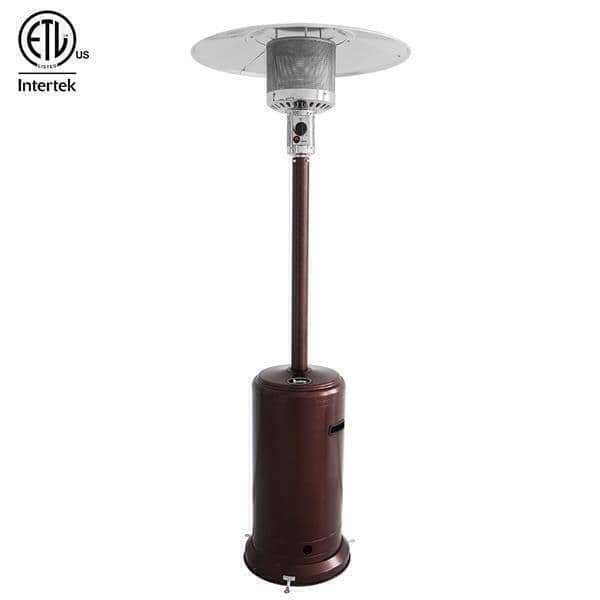 Zokop 46000BTU Outdoor Courtyard Gas Umbrella Heater / Bronze with a metal top, brown cylindrical base, control panel, and ETL certification label.