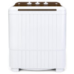 A compact, 16.5Lbs semi-automatic twin tube washing machine with a white and brown top panel and control knobs.