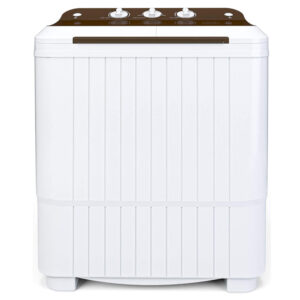 A compact, 16.5Lbs semi-automatic twin tube washing machine with a white and brown top panel and control knobs.