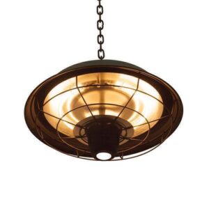 A hanging industrial pendant light with a dark metal frame and an Electric Outdoor Ceiling Patio Heater Black with Infrared Heating Element suspended by a chain.
