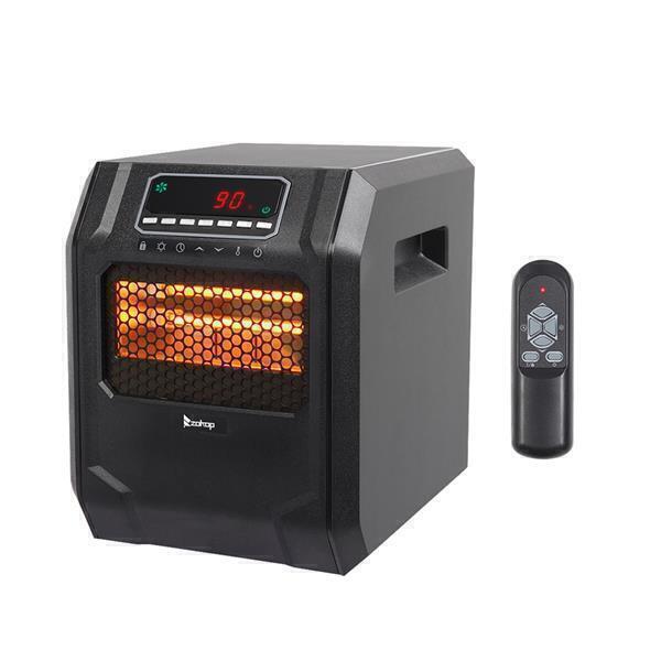 Portable electric Zokop 1500W Quartz Tube Heater Digital Style 4 Quartz Tubes Black with a visible orange quartz heating element, digital display showing 90 degrees, and a remote control, on a white background.