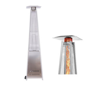 A silver Outdoor Patio Pyramid Propane Space Heater Portable Flame Heater shown in two views: one with the heater off and one with the heating element glowing orange.