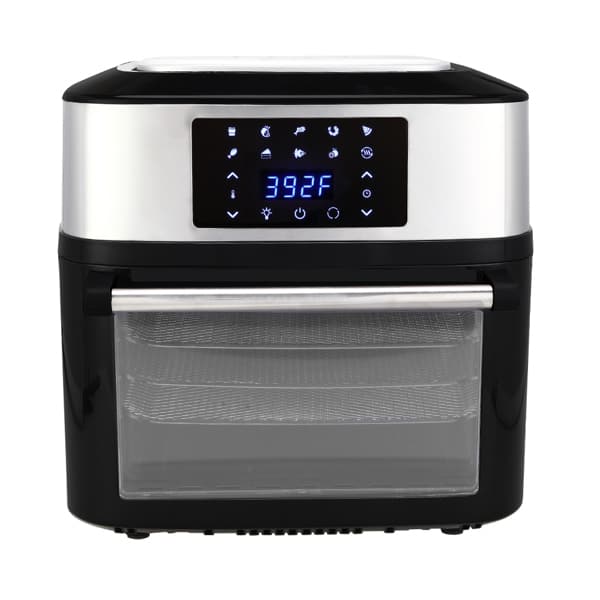 A black ZOKOP 120V 16.91Quarts / 16L air fryer with a glass door, displaying a temperature of 392 degrees Fahrenheit on its blue LED screen.