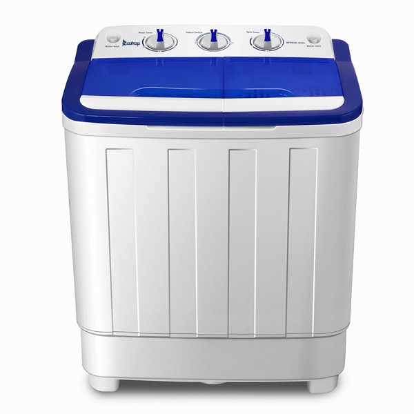 ZOKOP 16Lbs Semi-automatic Twin Tube Washing Machine White & Blue with white body and blue lid, featuring manual control knobs on top.
