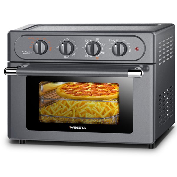 A compact Weesta Air fryer pan oven 23L large capacity 7 in 1 convection oven heating a pizza and fries, featuring a glass door and multiple control knobs.