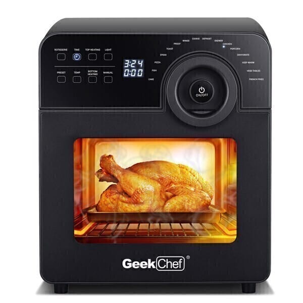 A Geek Chef 14.7 Quart Air Fryer Oven Toaster 4 Slice Toaster Convection with a digital display, cooking a chicken, seen through its clear glass door.