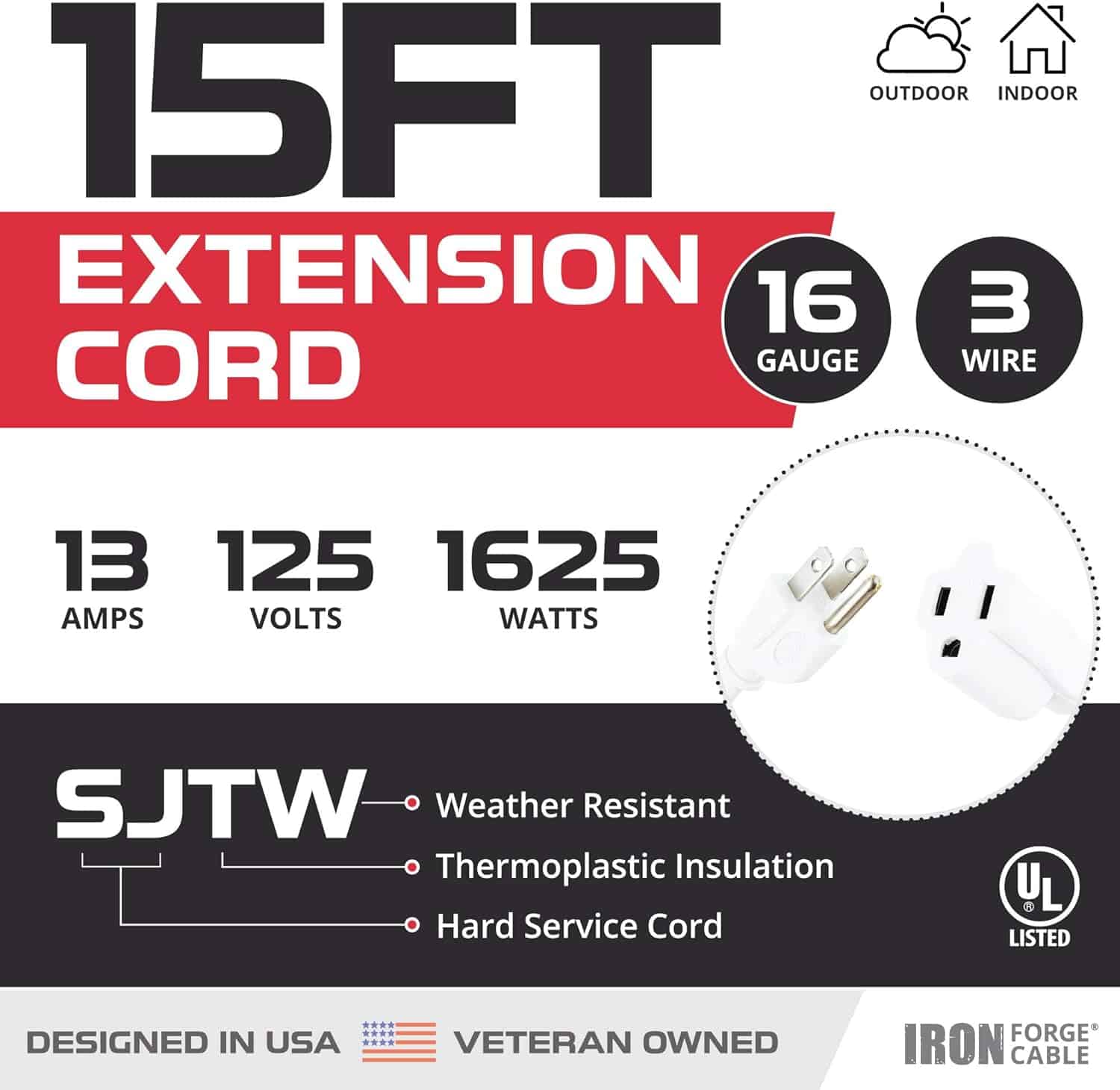 15 Ft White Extension Cord – 16 3 SJTW Durable Electrical Cable 2