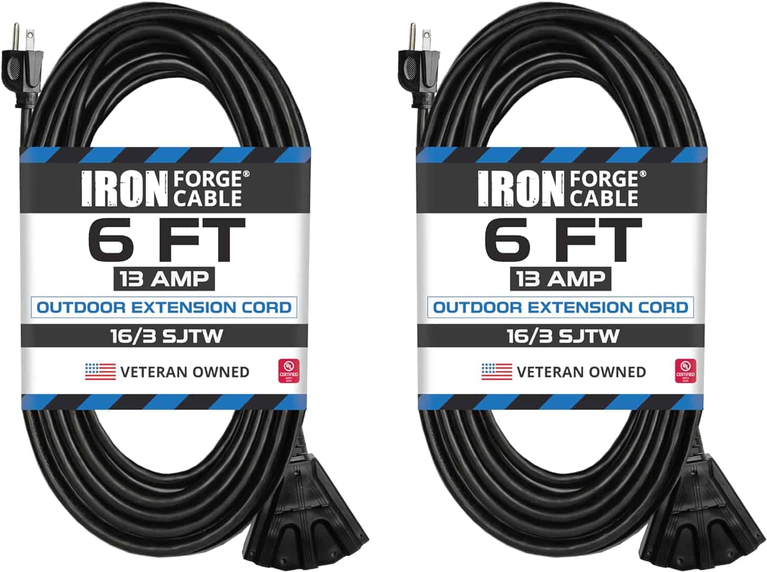 2 Pack of 6 Ft Outdoor Extension Cords – 16 3 Heavy Duty Black Extension Cord Pack 1