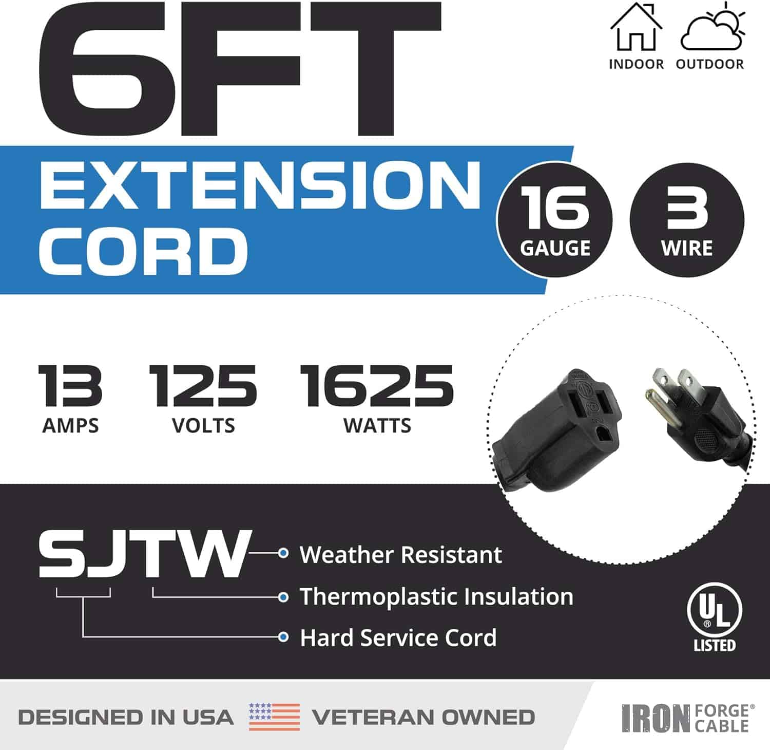 2 Pack of 6 Ft Outdoor Extension Cords – 16 3 Heavy Duty Black Extension Cord Pack 3