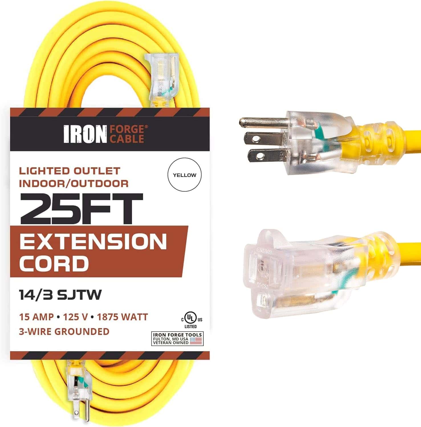 25 Foot Lighted Outdoor Extension Cord – 14 3 SJTW Heavy Duty Yellow Extension Cable with 3 Prong Grounded Plug for Safety – Great for Garden and Major Appliance1