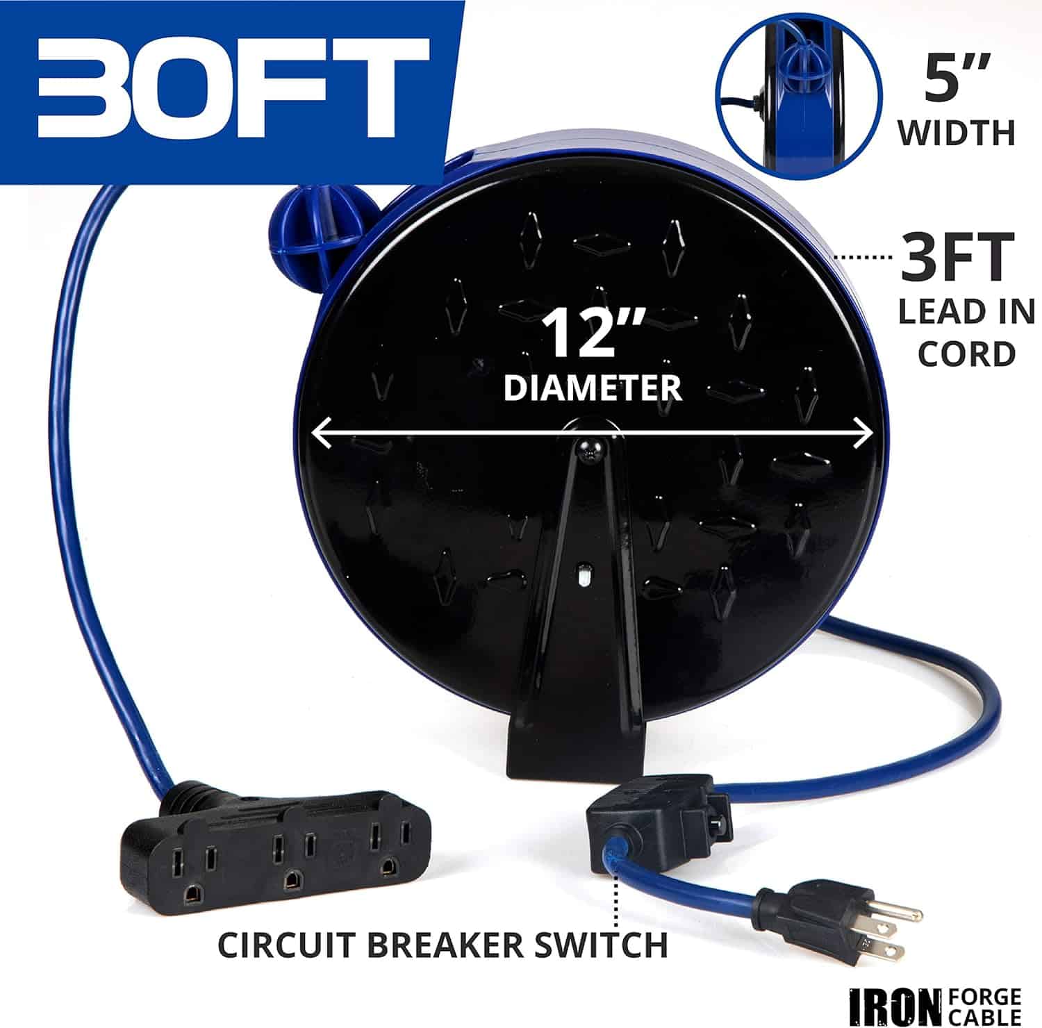 30Ft Retractable Extension Cord Reel with Breaker Switch & 3 Electrical Power Outlets – 16 3 SJTW Durable Blue Cable – Perfect for Hanging from Your Garage Ceiling 3