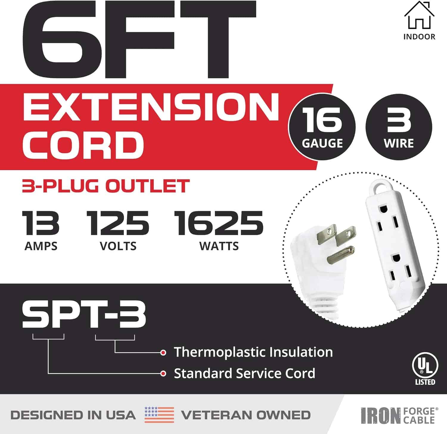 6 Ft Extension Cord with 3 Electrical Power Outlet – 16 3 Durable White Cable 2