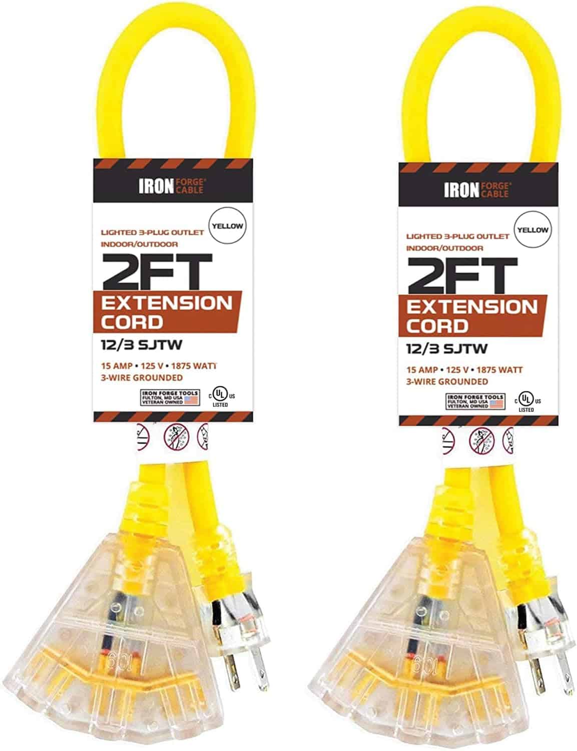IRON-FORGE-2-Pack-of-2-ft-Heavy-Duty-Extension-Cord-with-3-Outlets-12-3-Outdoor-Extension-Cord-with-3-Way-Lighted-Outlet-3-Prong-3-Way-Electrical-Plug-12-Gauge-Short-Extension-Cord-Yellow-15-AMP