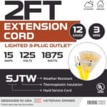 IRON-FORGE-2-Pack-of-2-ft-Heavy-Duty-Extension-Cord-with-3-Outlets-12-3-Outdoor-Extension-Cord-with-3-Way-Lighted-Outlet-3-Prong-3-Way-Electrical-Plug-12-Gauge-Short-Extension-Cord-Yellow-15-AMP