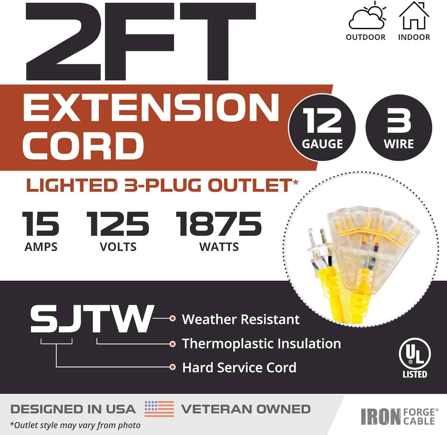 IRON FORGE 2 Pack of 2 ft Heavy Duty Extension Cord with 3 Outlets, 12 3 Outdoor Extension Cord with 3 Way Lighted Outlet & 3 Prong, 3 Way Electrical Plug, 12 Gauge Short Extension Cord, Yellow 15 AMP 2