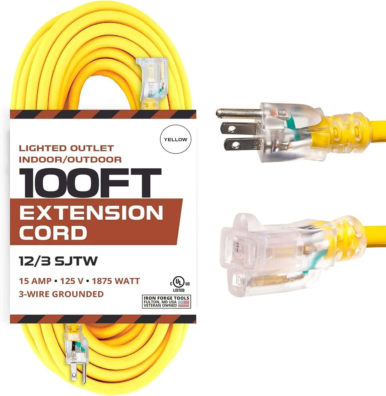 IRON FORGE CABLE 100 Foot Outdoor Extension Cord – 12 3 SJTW Heavy Duty Yellow 3 Prong Extension Cable, 15 AMP – Great for Garden and Major Appliances 1