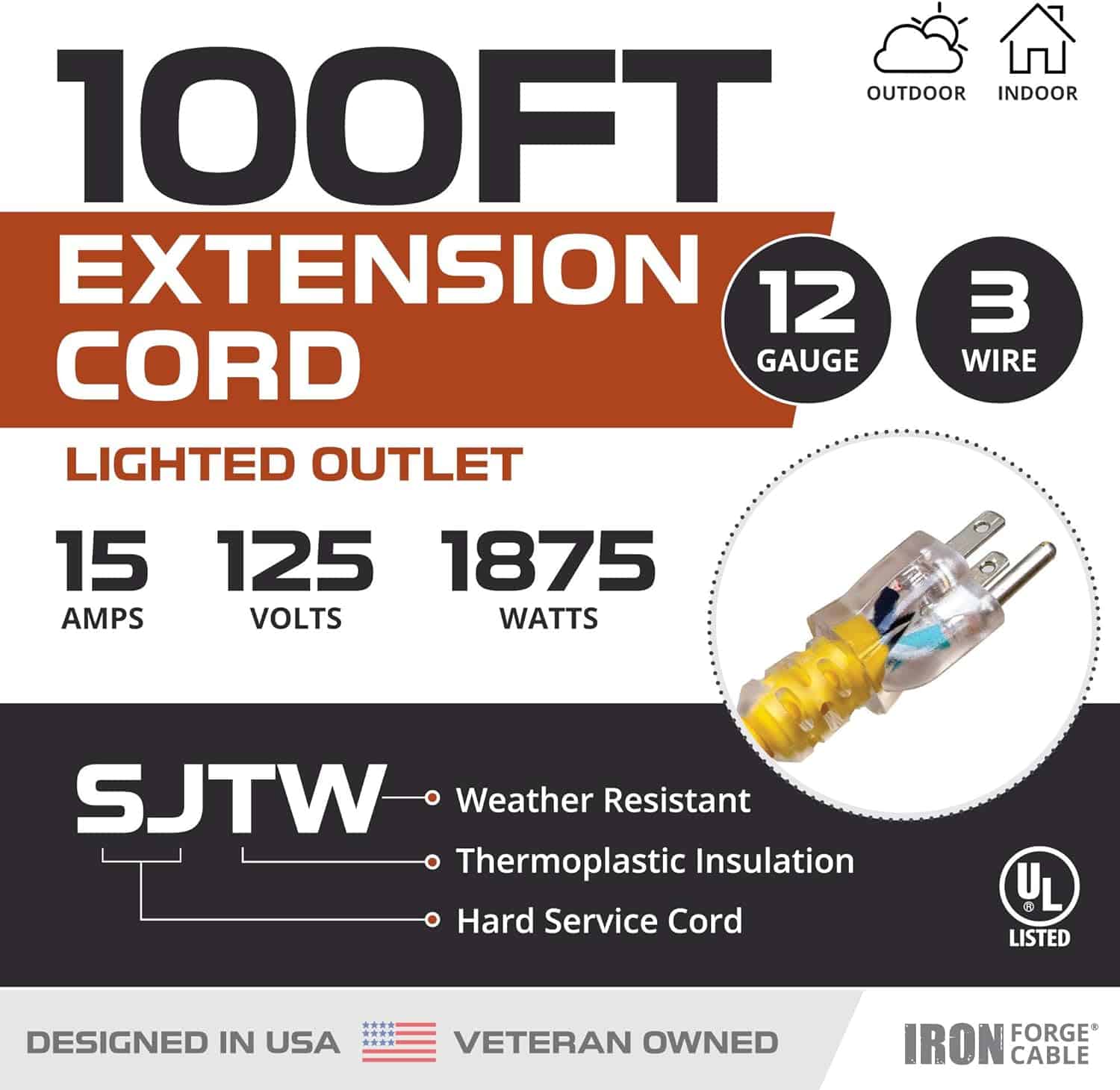 IRON FORGE CABLE 100 Foot Outdoor Extension Cord – 12 3 SJTW Heavy Duty Yellow 3 Prong Extension Cable, 15 AMP – Great for Garden and Major Appliances 2
