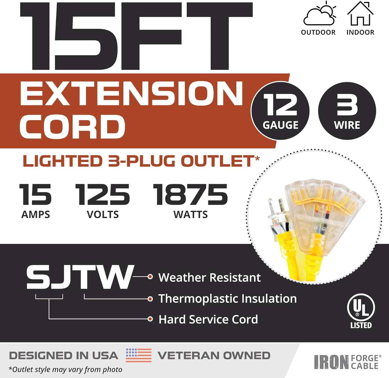 IRON FORGE CABLE 15 Foot Lighted Outdoor Extension Cord with 3 Electrical Power Outlets – 12 3 SJTW Heavy Duty Yellow Extension Cable with 3 Prong Grounded Plug for Safety 2