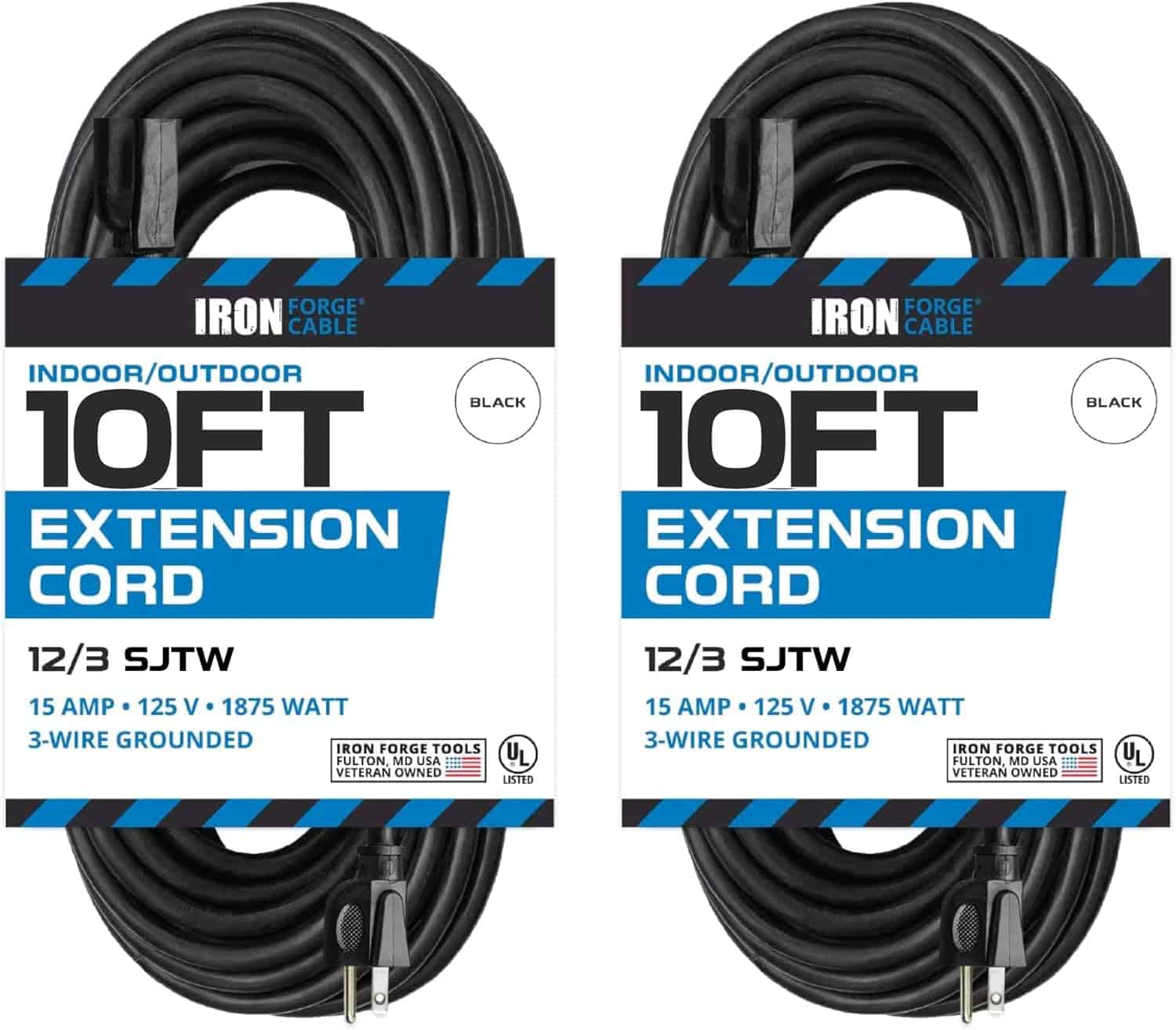IRON FORGE CABLE 2 Pack of 10 Ft Heavy Duty Extension Cord Outdoor, 12 Gauge Extension Cord 10 ft 3 Prong, 12 3 Black Extension Cable for Major Appliances, US Veteran Owned 1