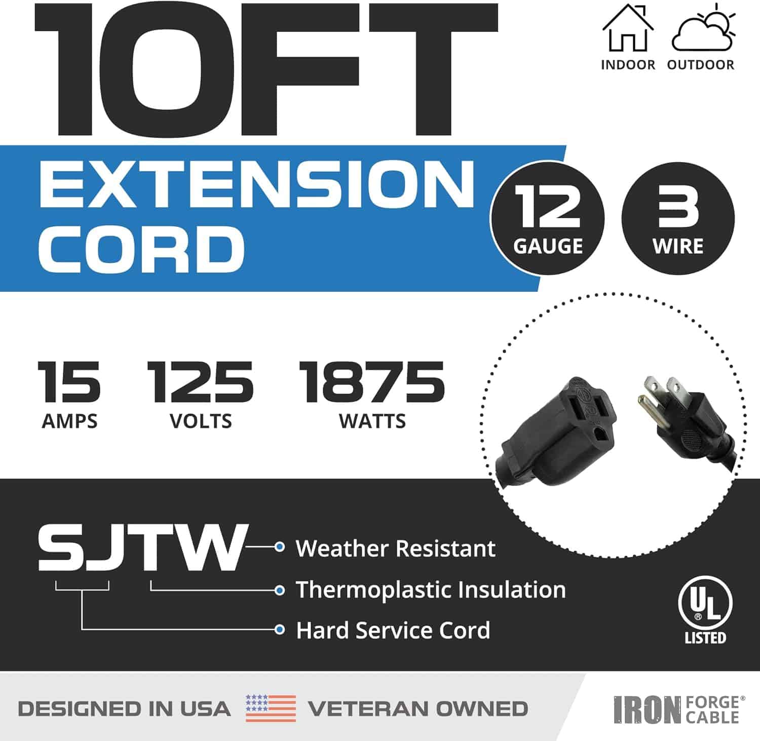 IRON FORGE CABLE 2 Pack of 10 Ft Heavy Duty Extension Cord Outdoor, 12 Gauge Extension Cord 10 ft 3 Prong, 12 3 Black Extension Cable for Major Appliances, US Veteran Owned 2