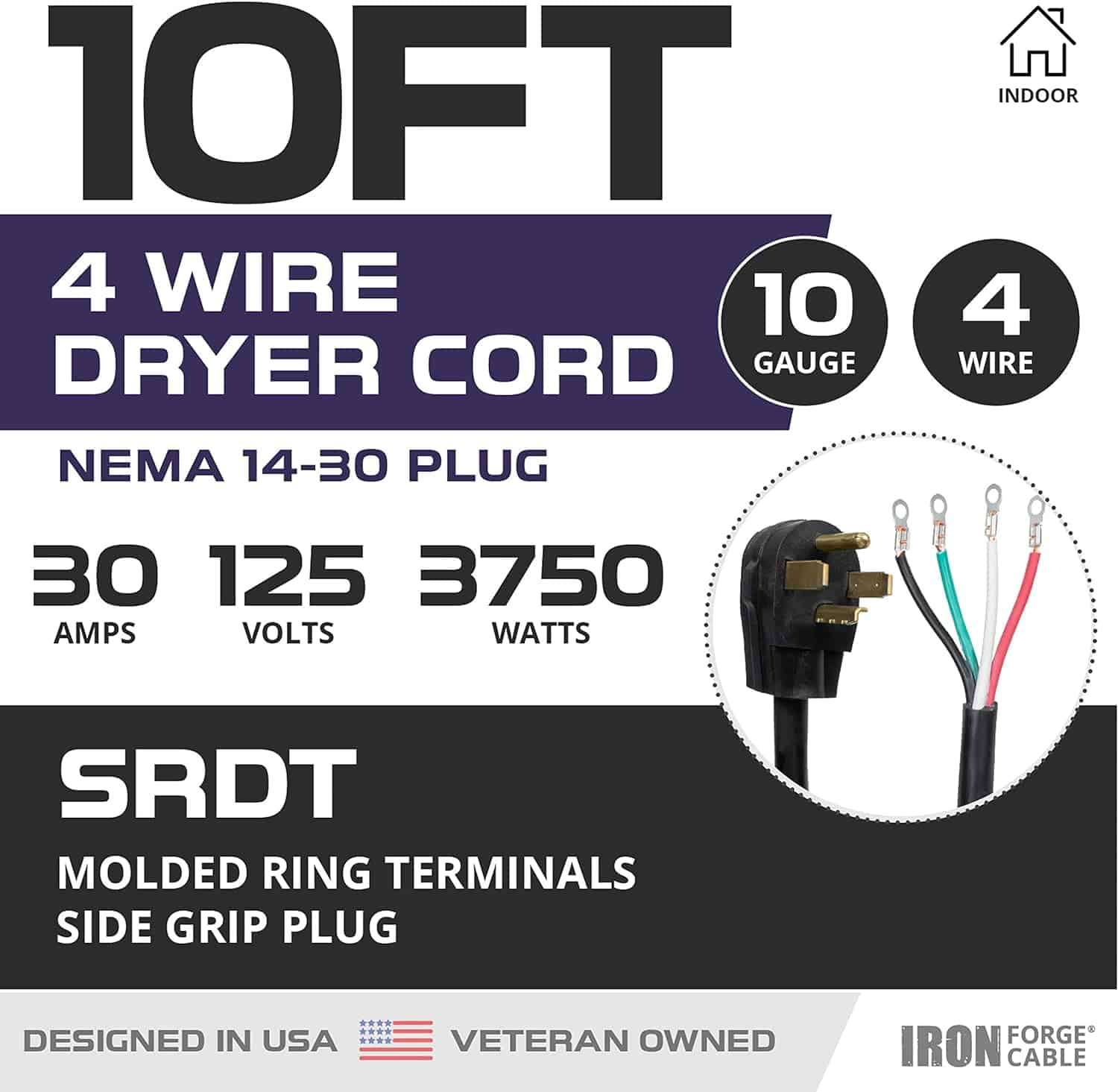 IRON FORGE CABLE 4 Prong Dryer Cord – 10 Ft Dryer Extension Cord Power Plug, 10 4 SRDT, 30 Amp, NEMA 14-30, Black 2