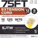 IRON-FORGE-CABLE-75-Foot-Lighted-Outdoor-Extension-Cord-with-3-Electrical-Power-Outlets-12-3-SJT-Heavy-Duty-Yellow-Extension-Cable-with-3-Prong-Grounded-Plug-for-Safety-15-AMP