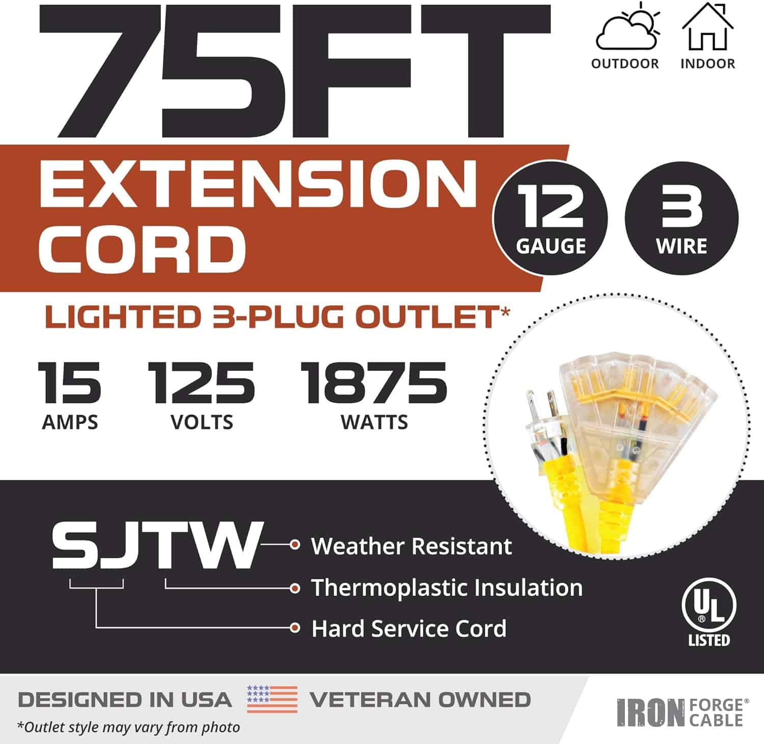 IRON FORGE CABLE 75 Foot Lighted Outdoor Extension Cord with 3 Electrical Power Outlets – 12 3 SJT Heavy Duty Yellow Extension Cable with 3 Prong Grounded Plug for Safety, 15 AMP 2