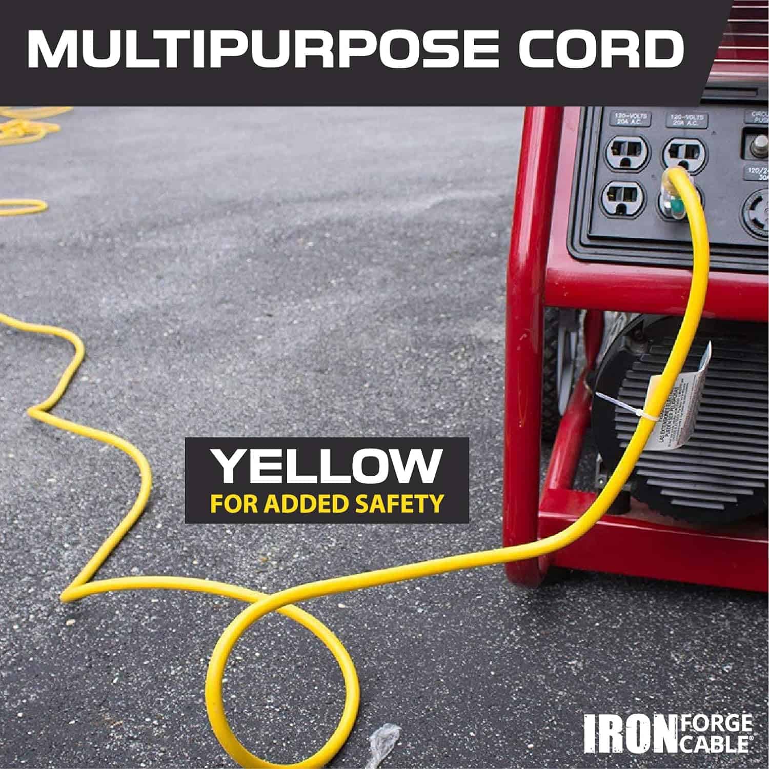 IRON FORGE CABLE 75 Foot Lighted Outdoor Extension Cord with 3 Electrical Power Outlets – 12 3 SJT Heavy Duty Yellow Extension Cable with 3 Prong Grounded Plug for Safety, 15 AMP 6