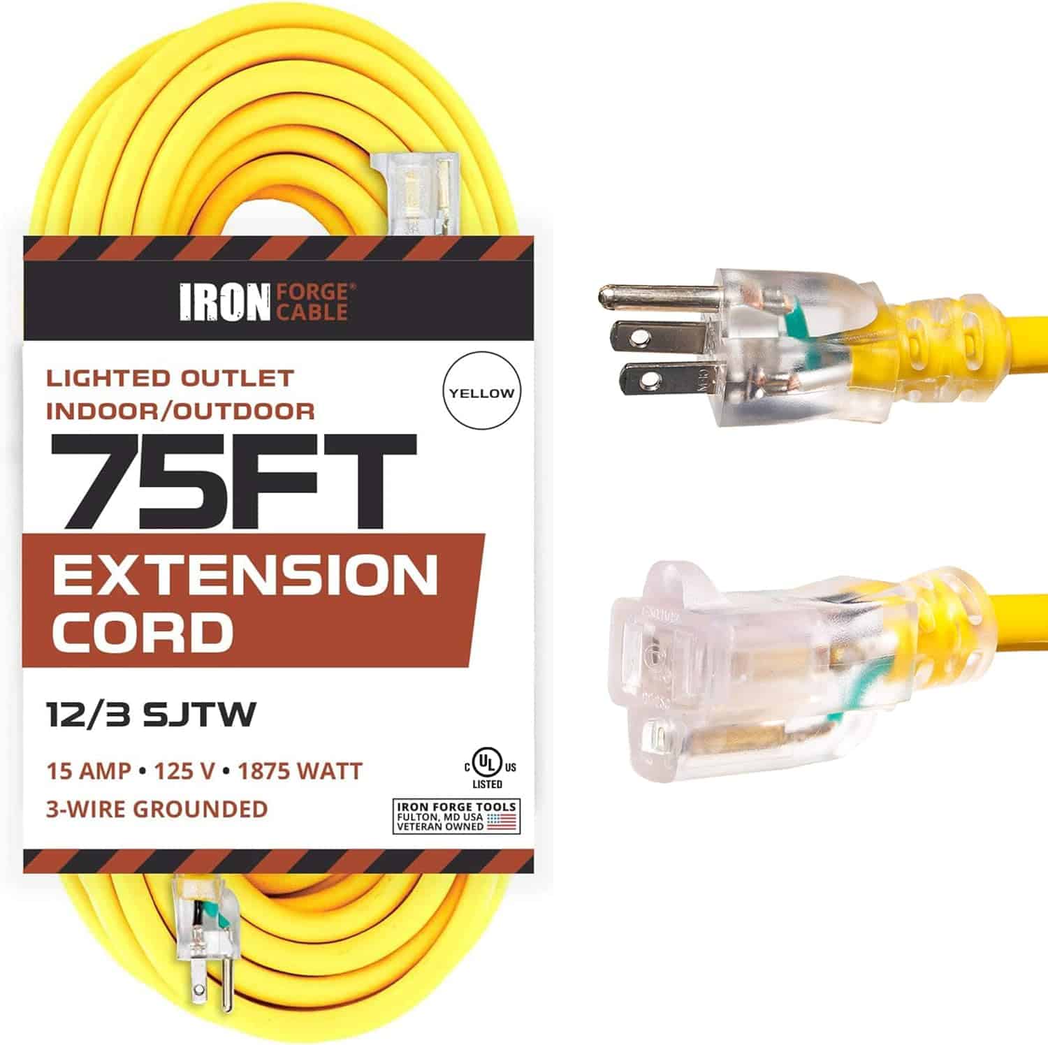 IRON FORGE Outdoor Lighted Extension Cord 75 Ft – 12 3 SJTW Heavy Duty 15 AMP Yellow Extension Cable with 3 Prong Grounded Safety Plug 12 Gauge Extension Cord For Garden Major Electric Appliances 1