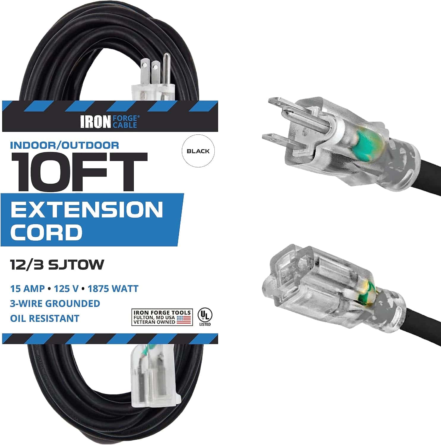Iron Forge 10 Ft Heavy Duty Extension Cord Outdoor, SJTOW Oil Resistant 12 Gauge Extension Cord 10ft with 3 Prong, 12 3 Black Extension Cord Great for Farm, Ranch, Workshop – 15 AMP, US Veteran Owned 1