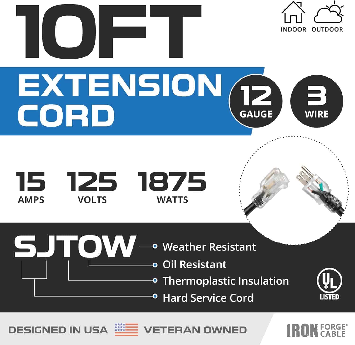 Iron Forge 10 Ft Heavy Duty Extension Cord Outdoor, SJTOW Oil Resistant 12 Gauge Extension Cord 10ft with 3 Prong, 12 3 Black Extension Cord Great for Farm, Ranch, Workshop – 15 AMP, US Veteran Owned 2