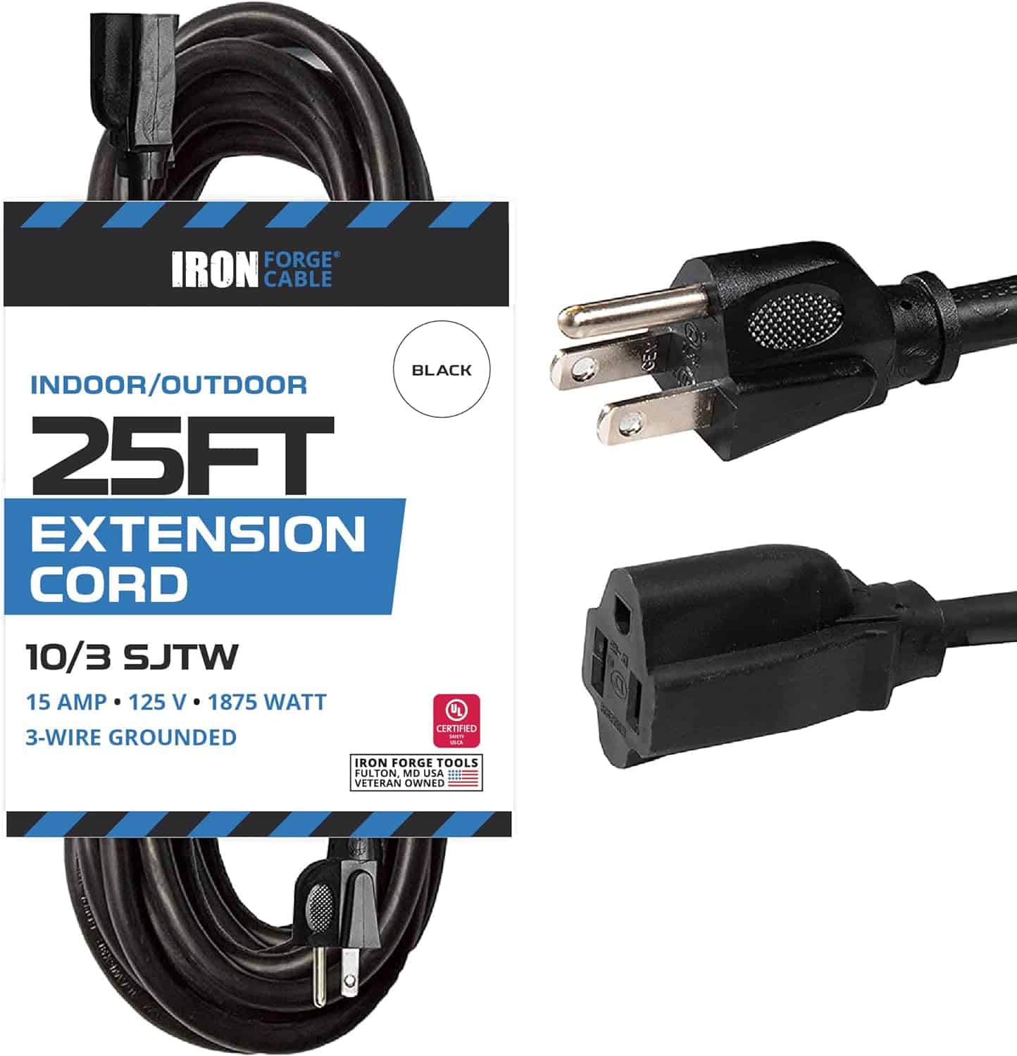 Iron Forge 10 Gauge Extension Cord 25 FT – 15 AMP Extension Cord with 3 Prong 10 AWG Water Resistant Black Outdoor Extension Cord Great for Generator, Compressor, Major Appliances – US Veteran Owned 1