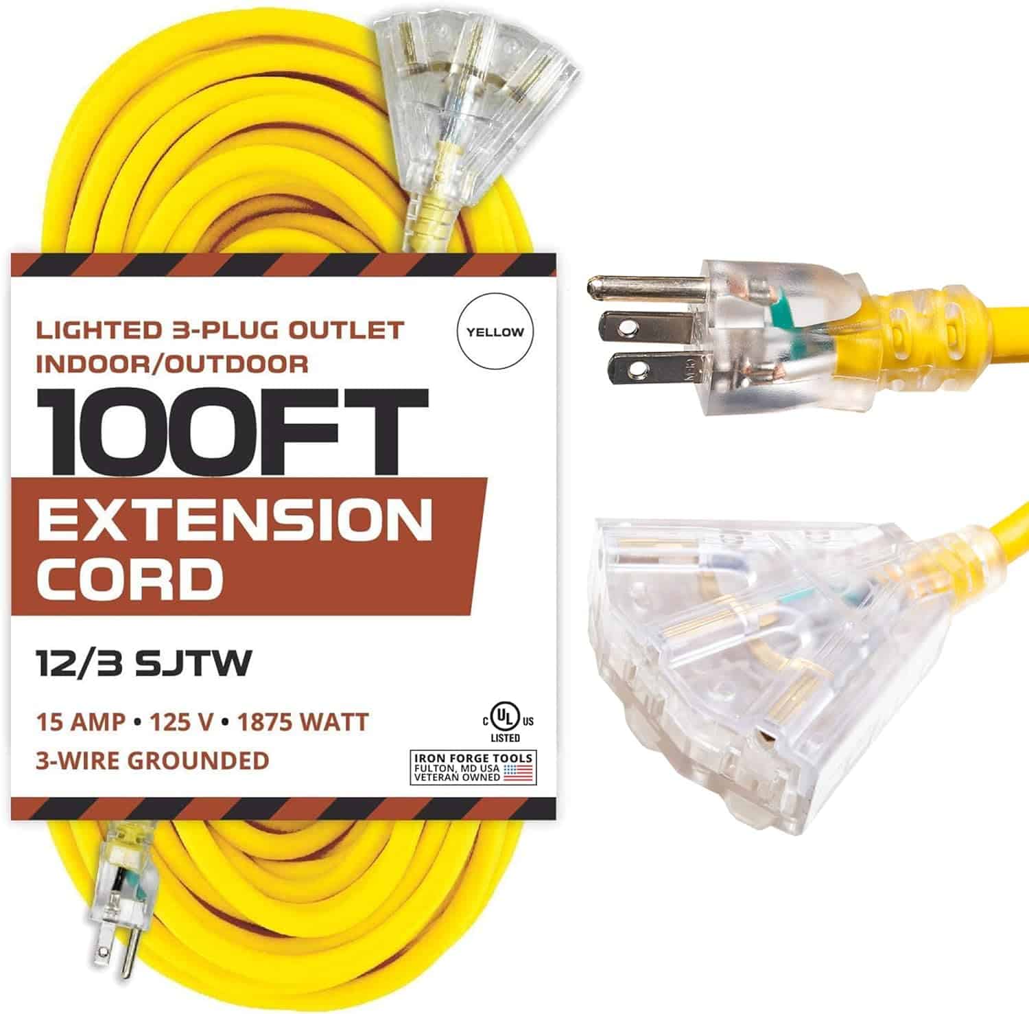 Iron Forge Cable 100ft Outdoor Extension Cord, Lighted with 3 Electrical Power Outlets – 12 3 Gauge SJTW Heavy Duty Extension Cable, Yellow, 15 AMP – 3 Pronged with Grounded Plug for Improved Safety 1