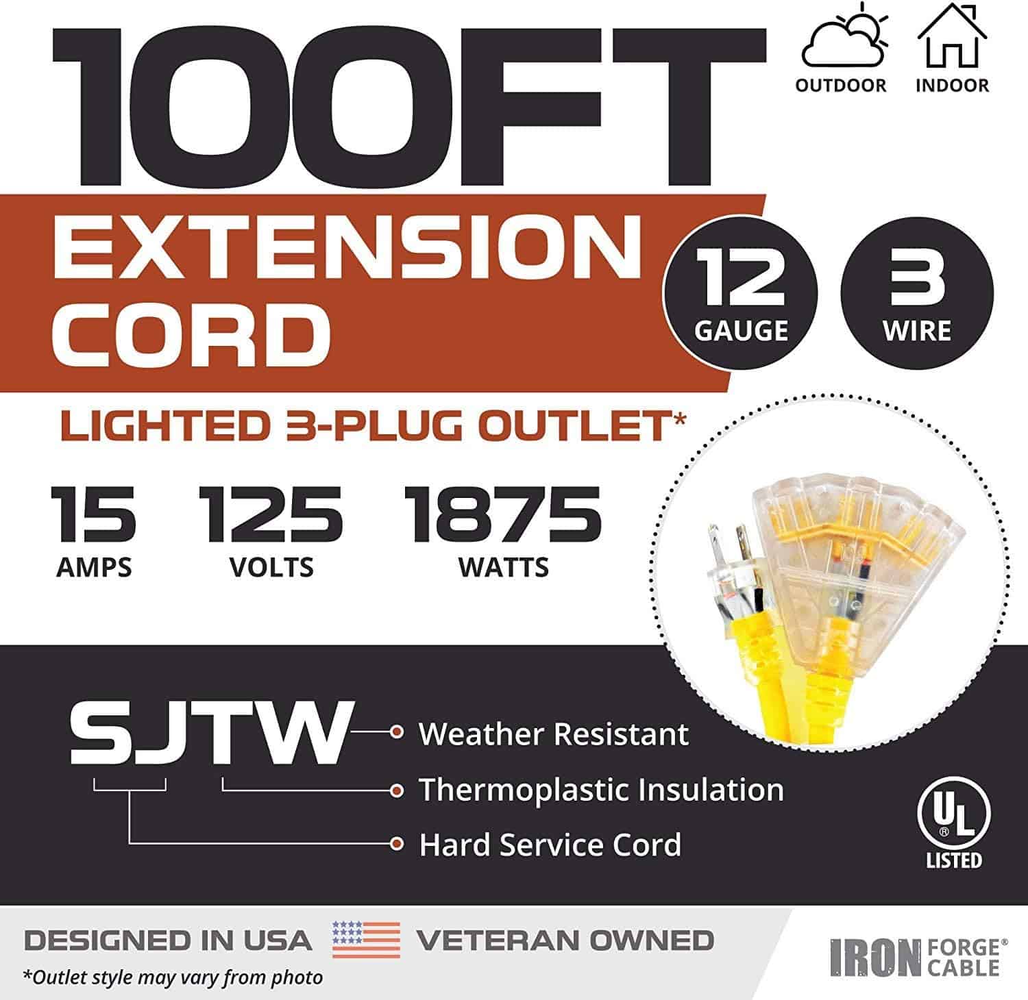 Iron Forge Cable 100ft Outdoor Extension Cord, Lighted with 3 Electrical Power Outlets – 12 3 Gauge SJTW Heavy Duty Extension Cable, Yellow, 15 AMP – 3 Pronged with Grounded Plug for Improved Safety 2