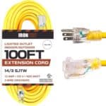 Iron-Forge-Cable-14-Gauge-Extension-Cord-100-Ft-Appliance-Heavy-Duty-Extension-Cord-100-Foot-3-Prong-Lighted-Plug-14-3-Weatherproof-Yellow-Outdoor-Electrical-Cable-SJTW-13-Amp-US-Veteran-Owned