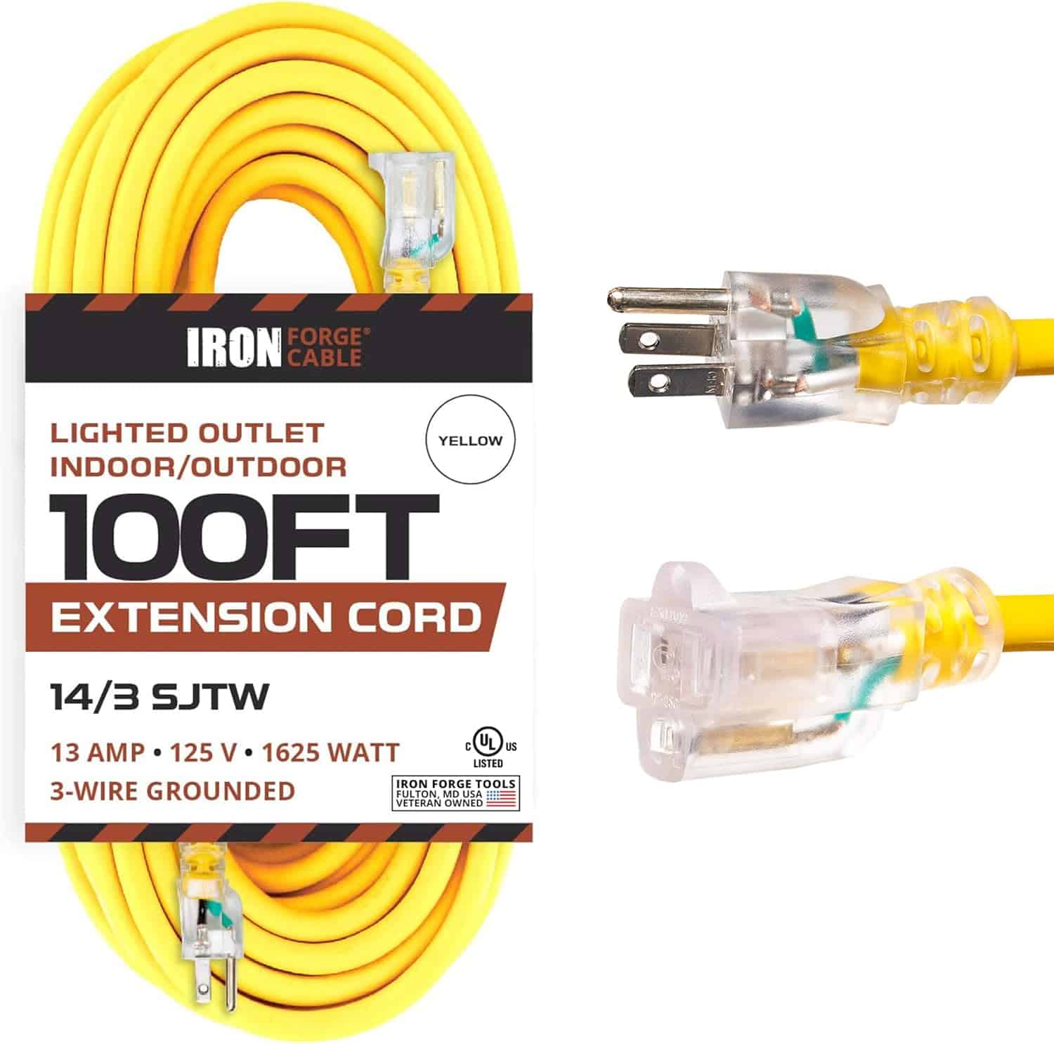 Iron Forge Cable 14 Gauge Extension Cord 100 Ft, Appliance Heavy Duty Extension Cord 100 Foot 3 Prong Lighted Plug, 14 3 Weatherproof Yellow Outdoor Electrical Cable SJTW, 13 Amp, US Veteran Owned 1