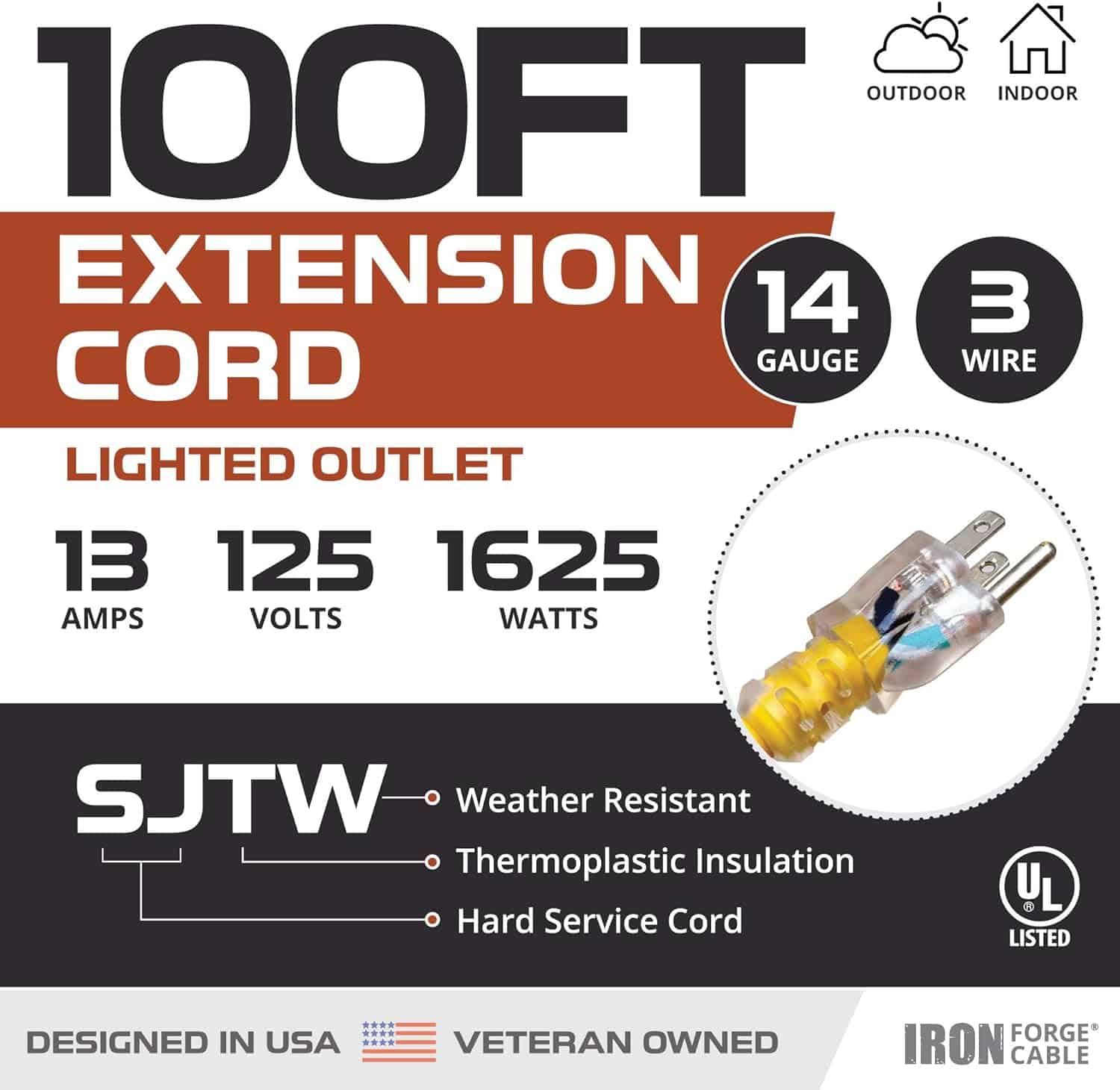 Iron Forge Cable 14 Gauge Extension Cord 100 Ft, Appliance Heavy Duty Extension Cord 100 Foot 3 Prong Lighted Plug, 14 3 Weatherproof Yellow Outdoor Electrical Cable SJTW, 13 Amp, US Veteran Owned 2